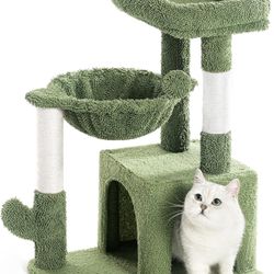 Cactus Cat Tree, Small Cat Tower with Sisal Scratching Post and Hammock Green