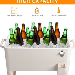80 QT Rectangular Rolling Cooler Cart with Wheels, Portable Ice Chest with Bottle Opener and Storage Shelf, Outdoor Beverage Cart Ice Chest Cart for P