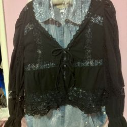 Free People Black Relax Fit Lace Trim Tie Cardigan 🖤M Size. 