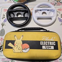 Nintendo Switch Pikachu case and steering wheel joy-cons