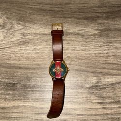Gucci G Timeless Quarts Green and Red Dial Brown Leather Strap Watch 