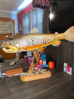 Brown Trout Fish Replica Statue on Wood Base Hand-Crafted