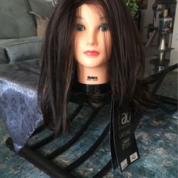 Beautician friends Wig Company, HALO LACE WIG CURLING IRON SAFE BRYNETTE WITH   HIGHLIGHTS. Little Longer Than Shoulder Length 