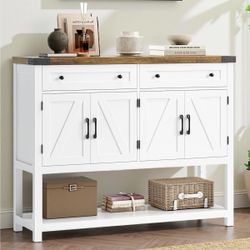 White Modern Farmhouse Console Table With 2 Drawer 