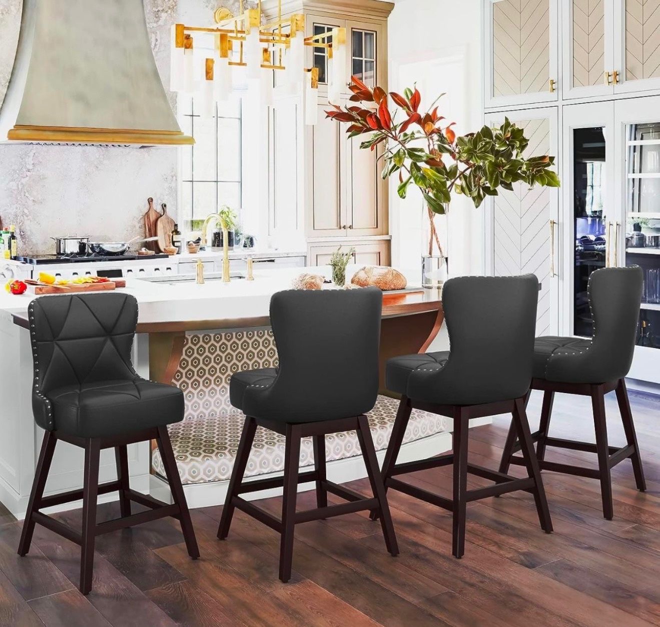 26" H Black Swivel Bar Stool with Back, Faux Leather Counter Stool