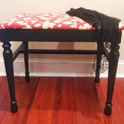Hand Painted Black Footstool, Vanity Chair, Small Bench w/ Pink Floral Fabric