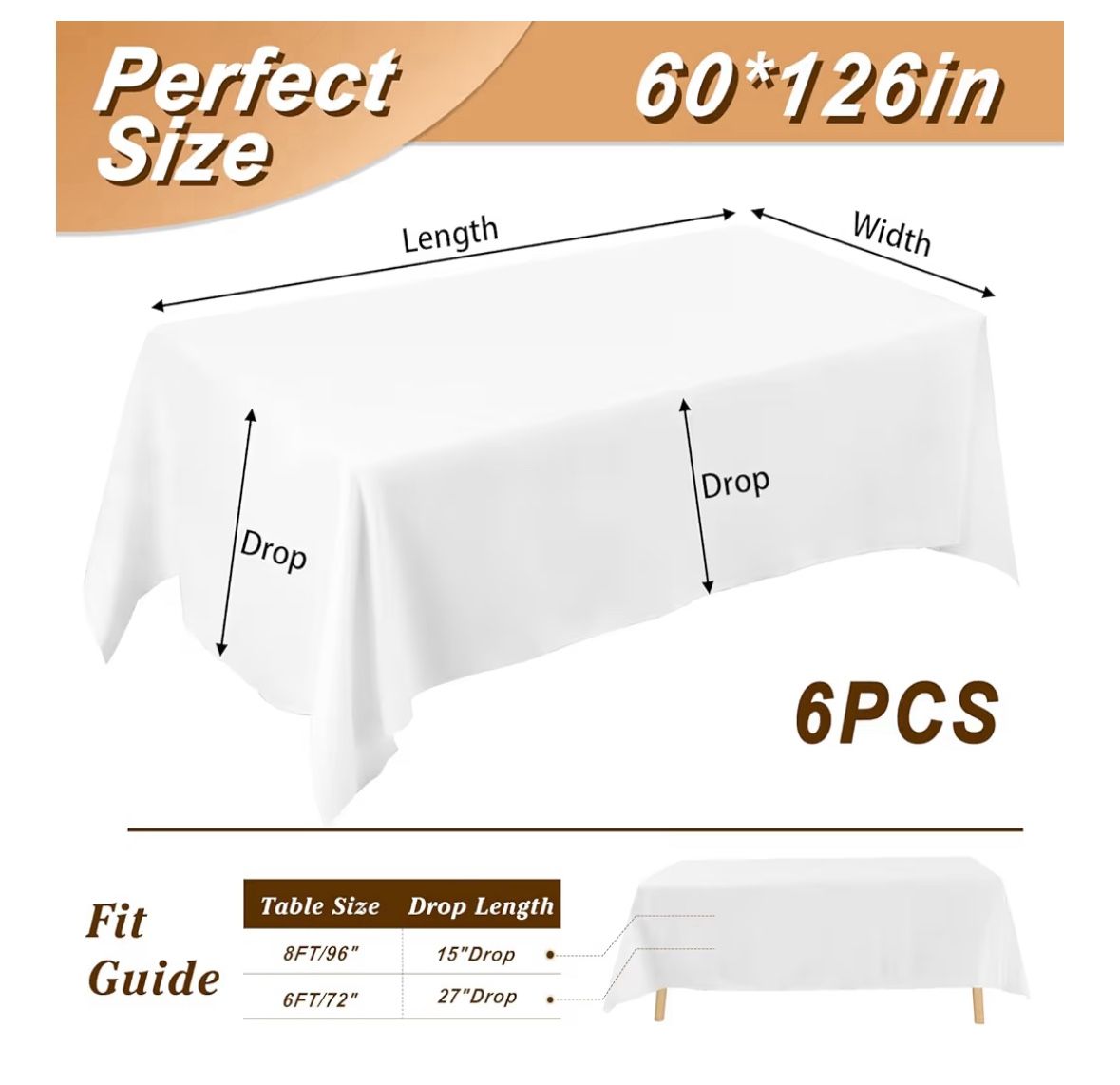 Fixwal 6pcs White Table Cover Rectangle 8ft - 60 x 126”