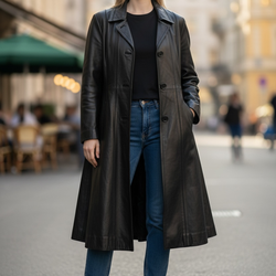 Overland Black Leather Flare Coat – Excellent Condition – Includes Garment Bag