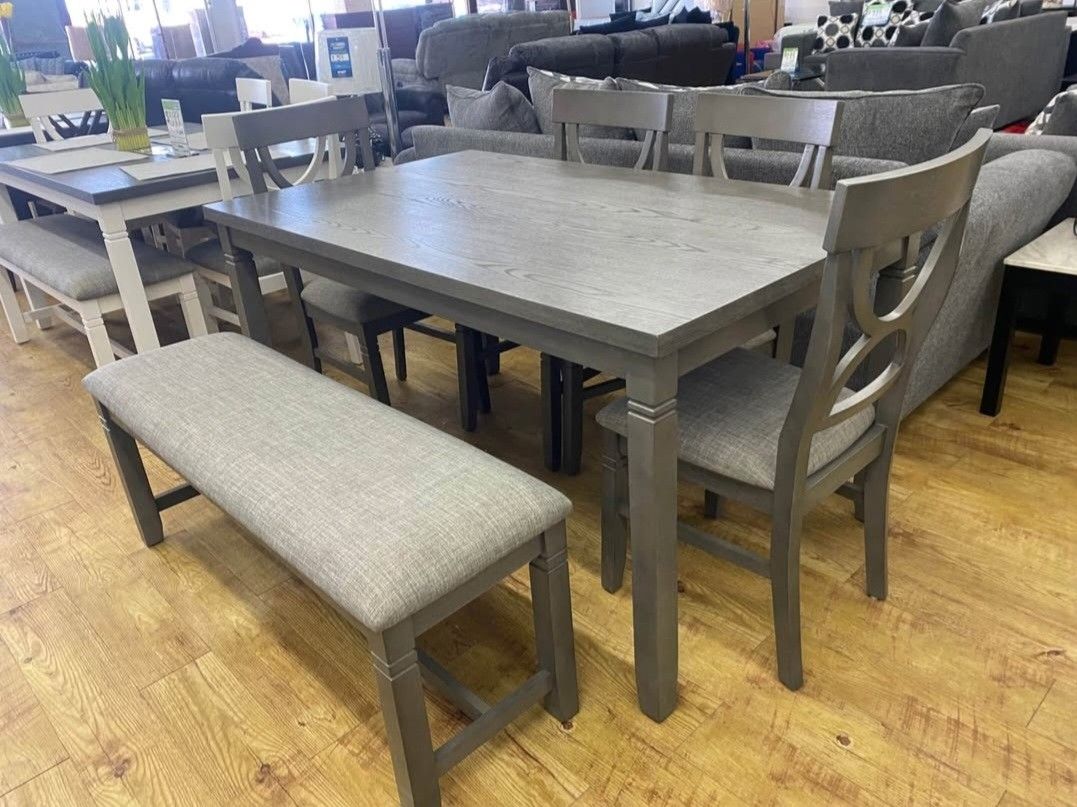 ✅️✅️6 pc bridget ii grey finish wood dining table set padded seat chairs and bench✅️✅️