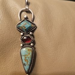Genuine Turquoise, Garnet And Sterling Silver 