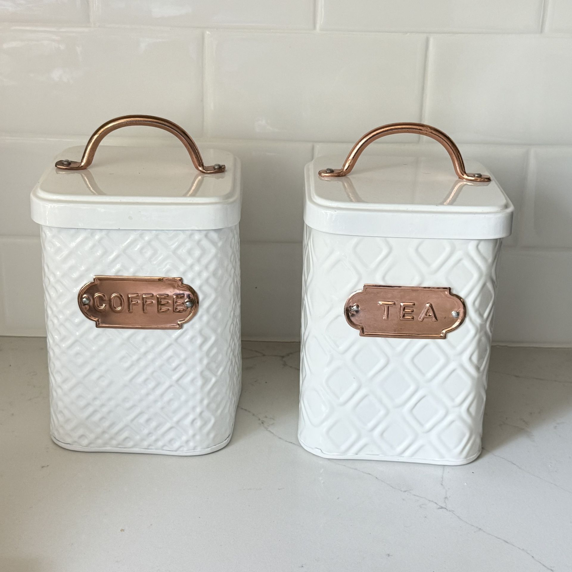 White Metal Storage Canisters Copper Accents