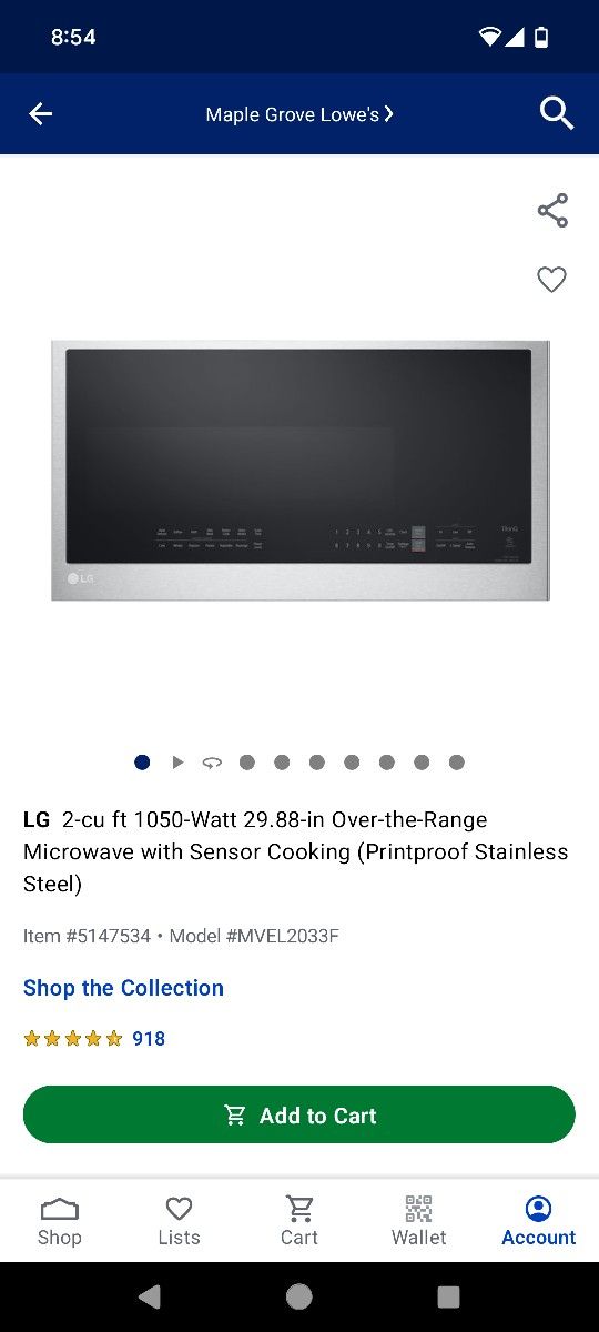 LG 2 Cu Ft 1050 Microwave Over The Range
