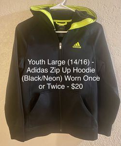 Youth Large (14/16) - Adidas Zip Up Hoodie (Black/Neon) Worn Once or Twice - $20