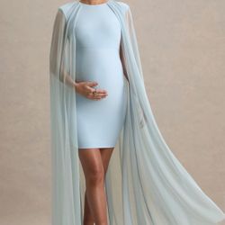 BABY BLUE HIGH-NECK MATERNITY MINI DRESS WITH MESH CAPE