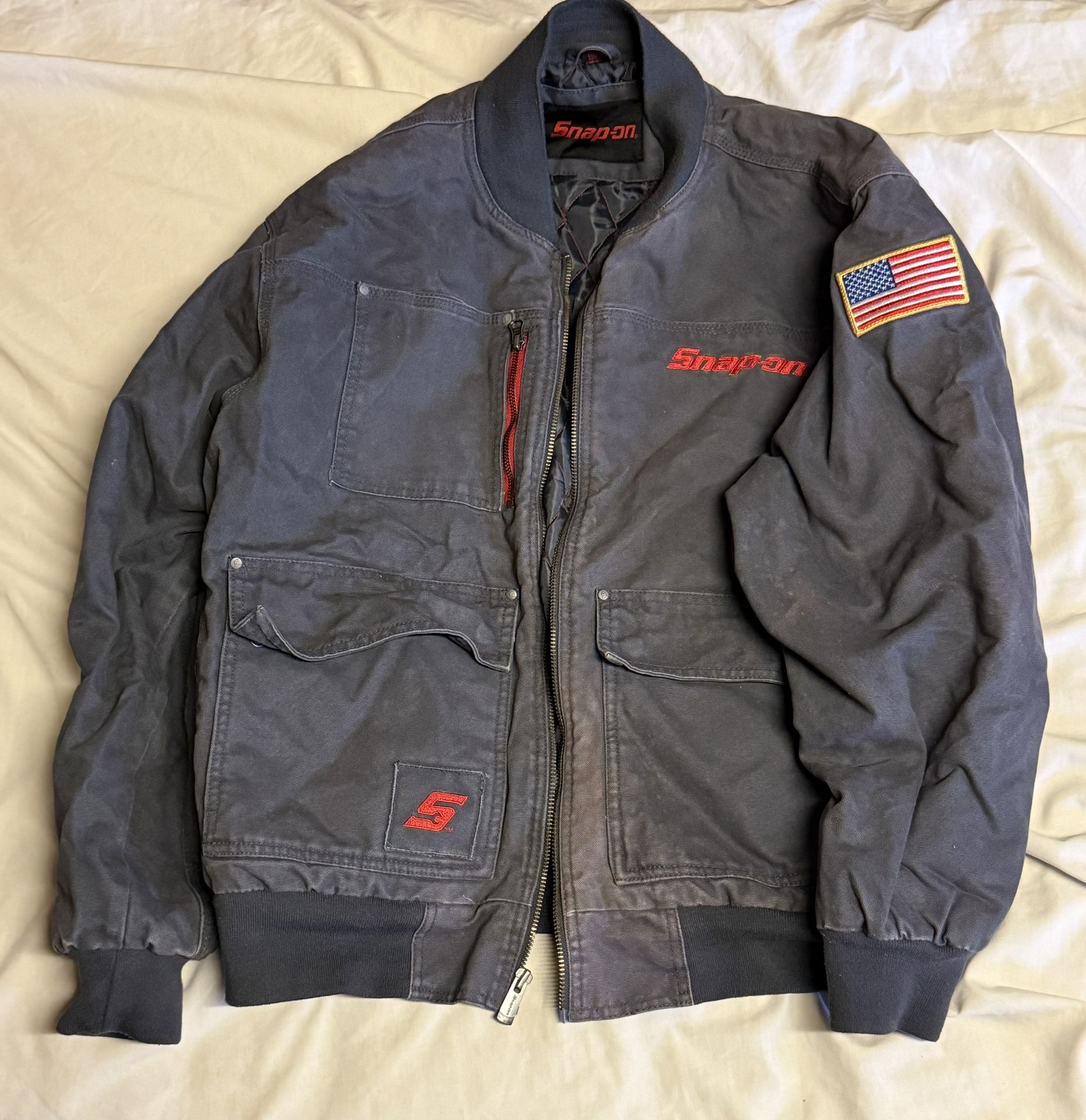 Snap On Tools Jacket Mens XL Gray Quilted Heavyweight Flag