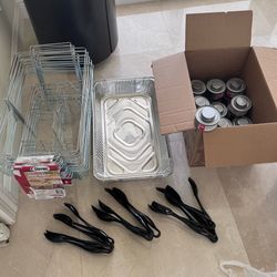 Sterno chafing dish wire racks, Don fluid cans, aluminum serving tray pans, & black serving tongs for buffet party holiday