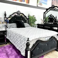 GLAM BLACK MIRROR ACCENTS QUEEN SIZE BED FRAME