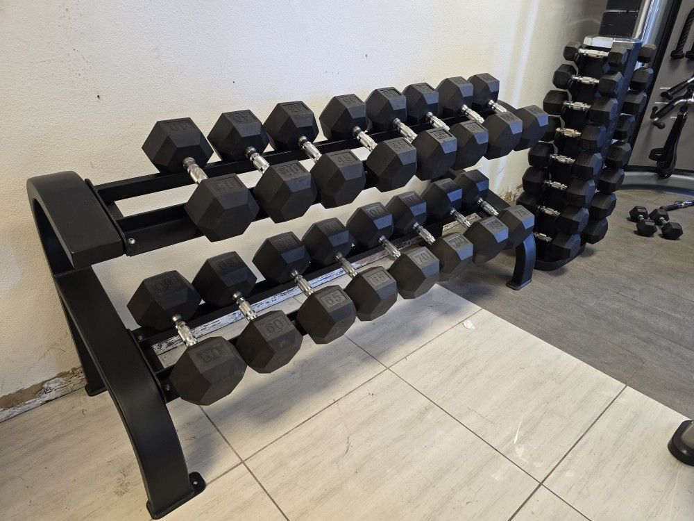 5lbs - 75lbs Rubber Hex Dumbbells With A Tier 2 Commercial Grade Dumbbell Rack