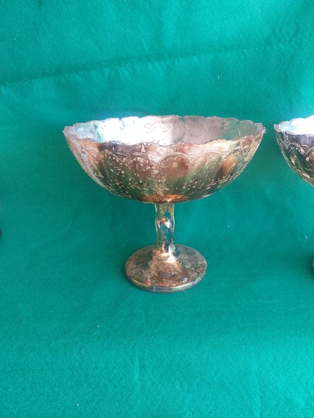 Set Of 2 Mercury Glass, Compote Vase, Centerpiece, Gold Glass 