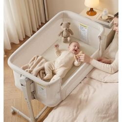 Baby Bassinet Bedside Sleeper 3-in-1, Easy Night Feeding with One-Side Fold & Rolling Wheels, Breathable Mesh, 6-Height Adjustable, Soft Mattress for 