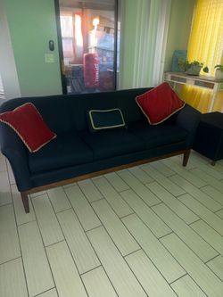 3-Piece Mid-Century Modern Navy Blue Sofa & 2 Matching Ottomans - $300