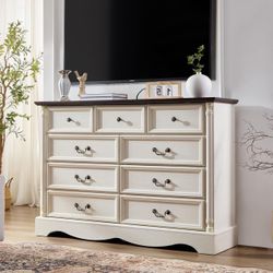  9 Drawers Dresser, 54" Wide Farmhouse Chest of Drawers with Charging Station, Distressed Finish Design, Modern Storage Dressers Organizer TV Stand fo