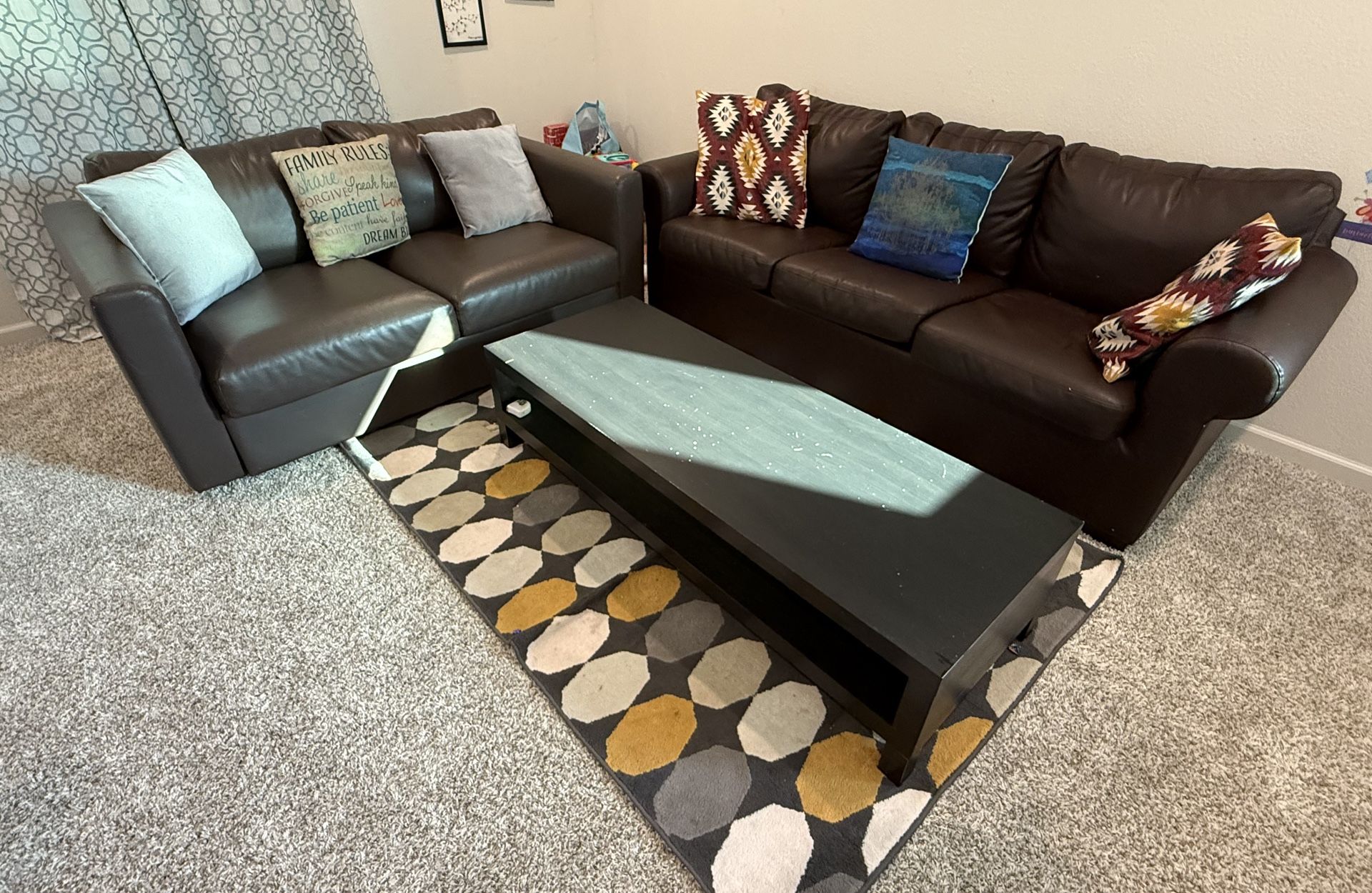 Living room furniture set - couch, loveseat, rug, coffee table