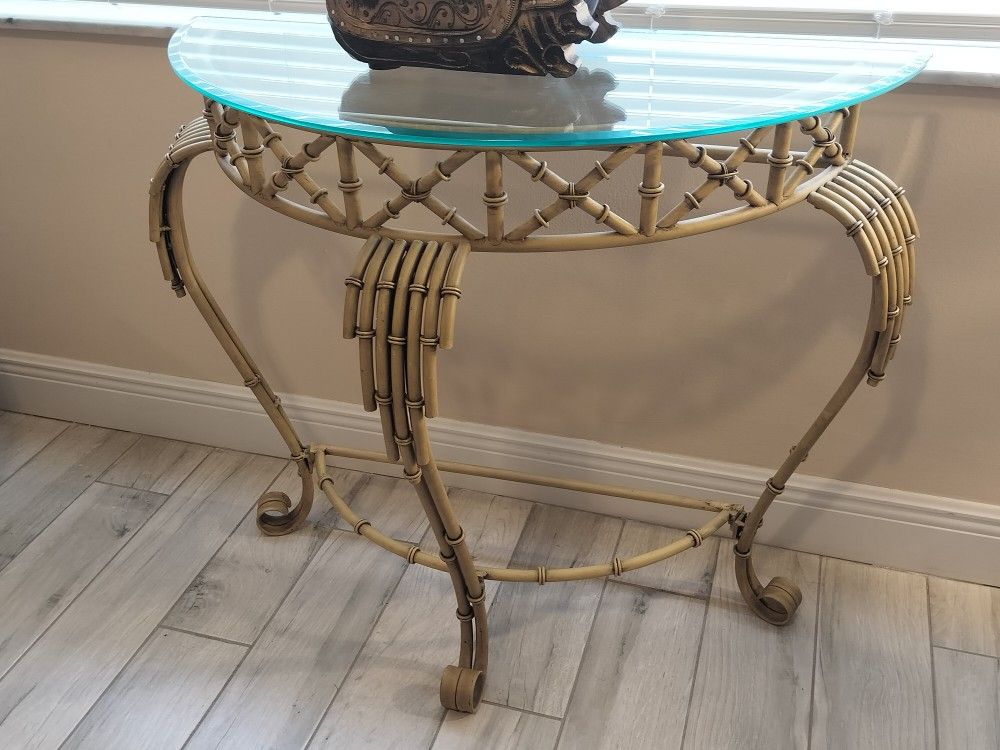 Vintage coastal metal faux bamboo demilune console table