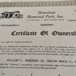 Niche In Wall At Homelani Memorial Park Hilo,Hi