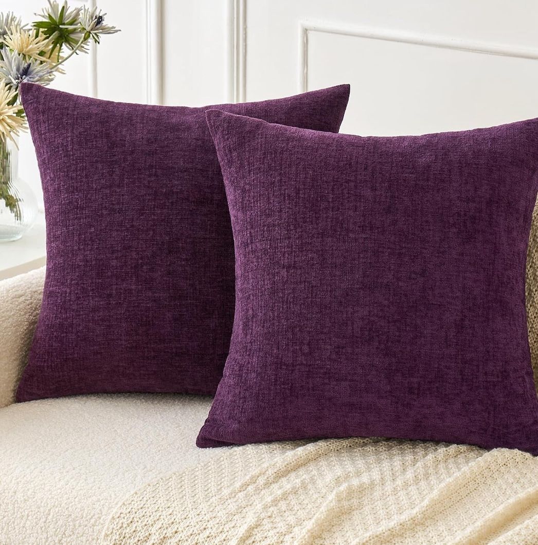 MIULEE Pack of 2 Couch Throw Pillow Covers 18x18 Inch Soft Plum Purple Chenille Pillow Covers for Sofa Living Room Solid Dyed Pillow Cases