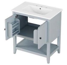 NEW Gray 24 in. W x 18 in. D x 33 in. H Single Sink Freestanding Bath Vanity with White Ceramic Top