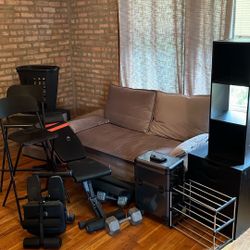 Sofa Bed, Workout Bench W/ 40 Lbs Dumbbells and 3 Storage Units. Selling As A Bundle!!!