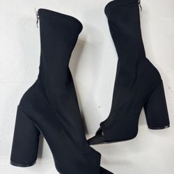 Black Peep-Toe Sock Heels — Size 10 women’s block heels 