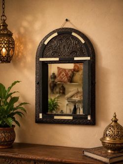 Hand-Carved Arched Wall Mirror with Bone Inlay