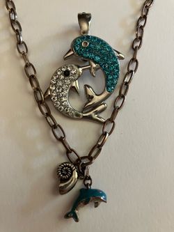 Dolphin Jewelry Set - Large Rhinestone Pendant + Charm Necklace - Vintage Sea Jewelry