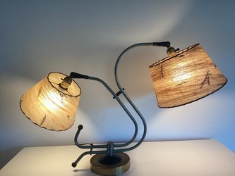Vintage Mid-Century Double Gooseneck Table Lamp – Brass & Fiberglass Shades