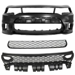 Dodge Charger Front Bumper and Both Grilles 2015 to 2023 Scat Pack SRT GT R/T with Snorkel Grille. Parts are brand new and come black primed ready to 