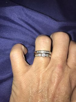 Triple Diamond Engagement Ring, Plus Diamond Wedding Band 14k White Gold Thumbnail