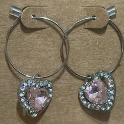 Silver Hoops with Pink CZ Heart Charm Earrings