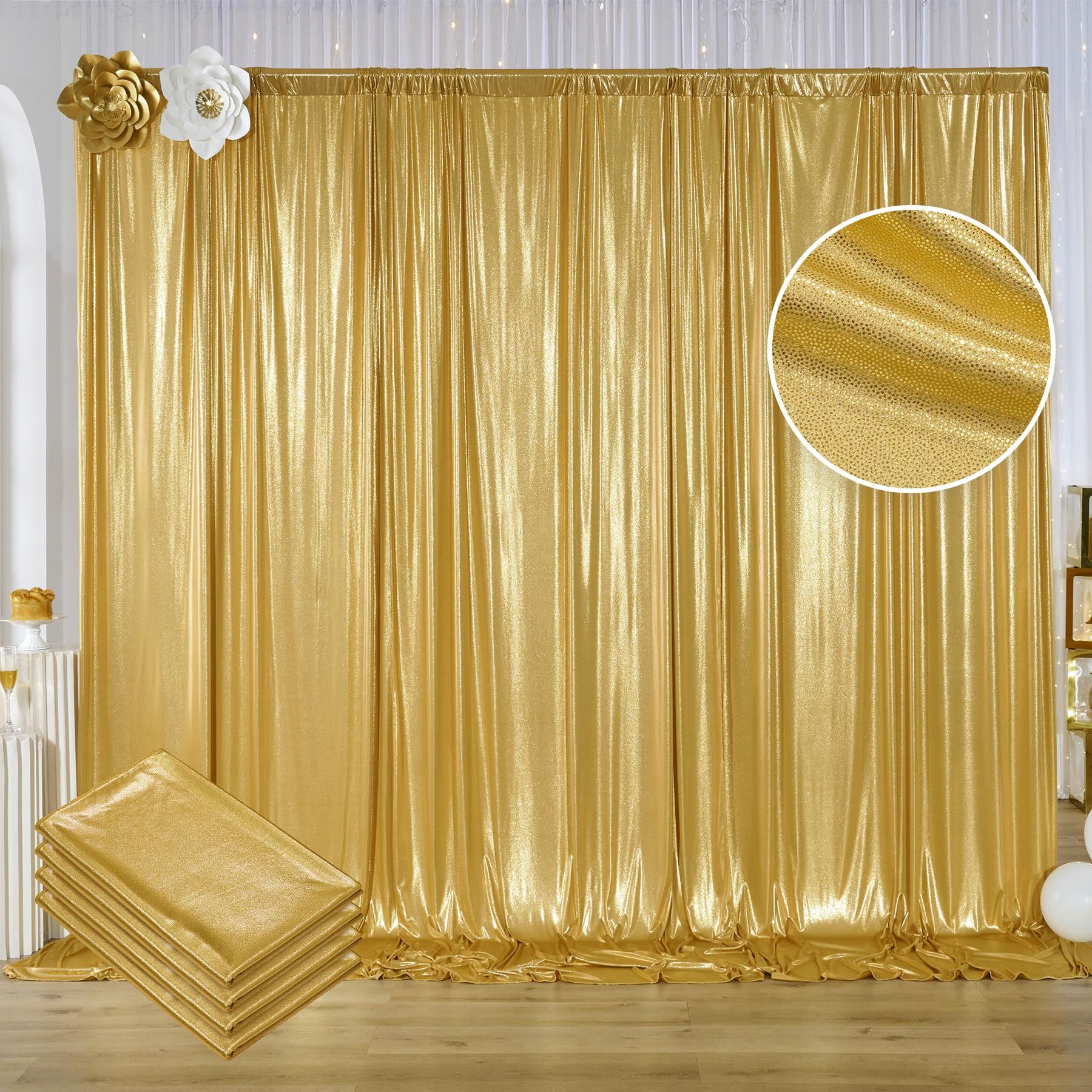 20ftx10ft Gold Sequin Backdrop Curtain For Parties, 4 Panels 5x10FT Shimmer Wrinkle Free Glitter Photo Backdrop Drapes Back Drop Cloth For Wedding Bir