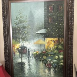 Large Hand-Painted Paris Street Scene Oil Painting (Framed)