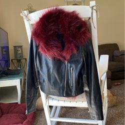 Faux Leather Jacket With Burgundy Neckline That Can Be Removed