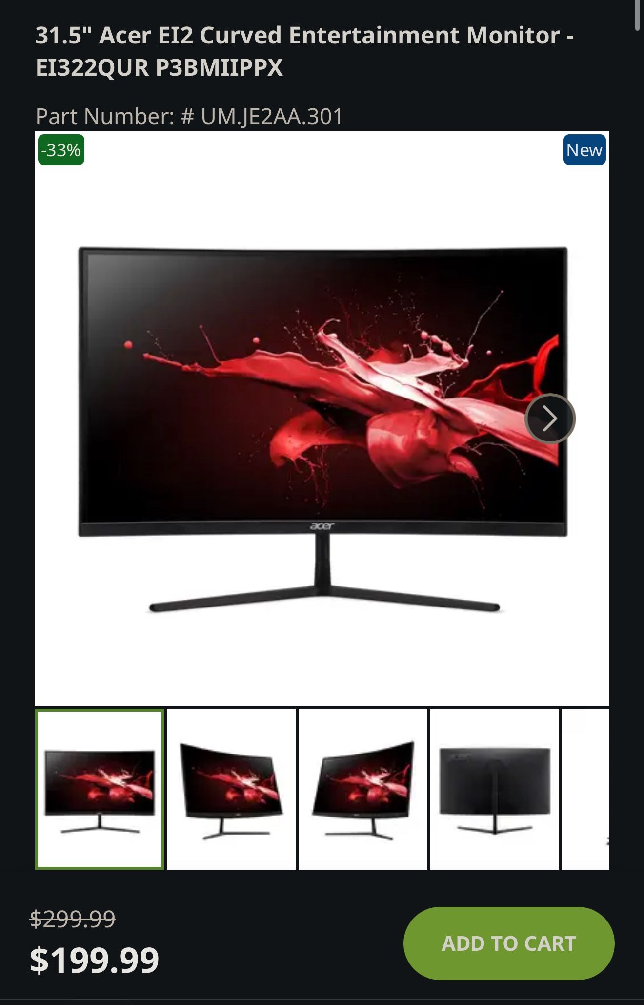 Acer 32 inch Monitor WQHD 2560x1440 165Hz 1ms 400Nit