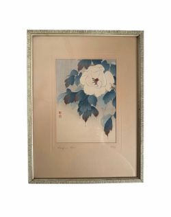 Vintage Asian Original Woodcut Botanical Floral Framed Art ‘Peony in Rain’ by Koho Shoda