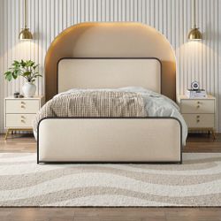 Full Size Metal Bed Frame with Soft Fabric Upholstered Headboard