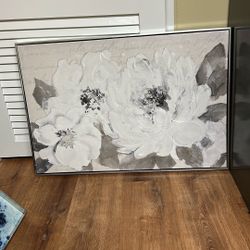 Grey & White Floral Framed Canvas - LIKE NEW! 
