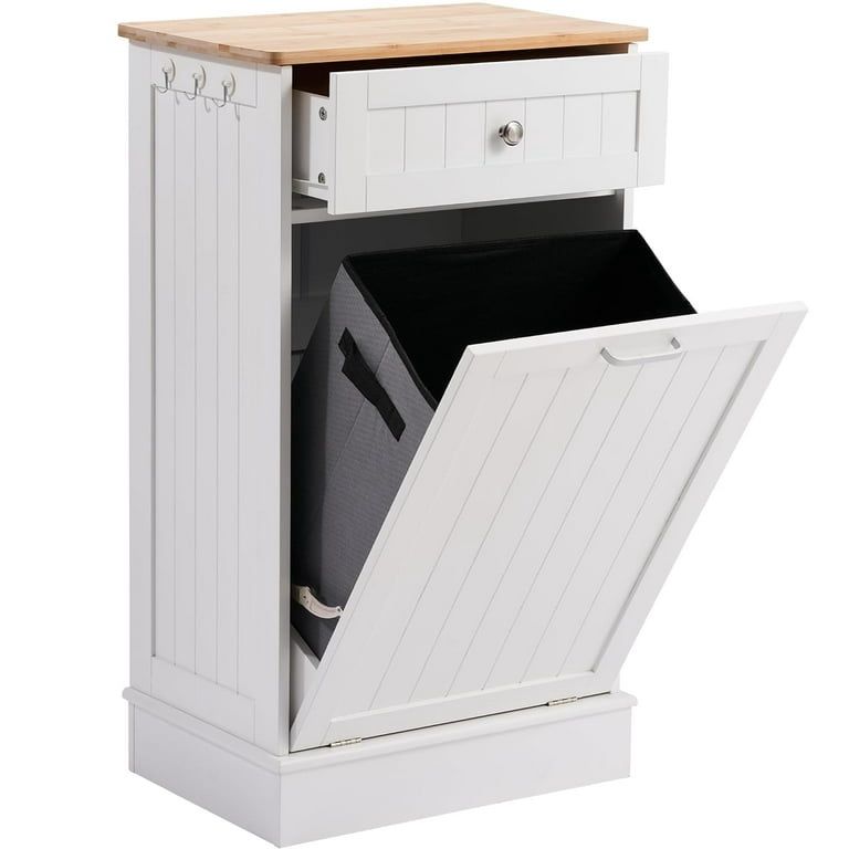 13 Gallons Tilt Out Trash Cabinet, Hidden Trash Can Kitchen Wooden Tilt Out Pet Proof Hidden Trash Bin for Kitchen Living Room,White