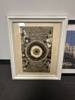 Framed Butterfly Wing Art - Mandala Mosaic Art - Vintage White Frame