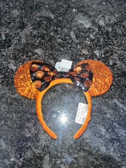 Disney Parks Halloween Orange & Black Sequin Minnie Ears Headband