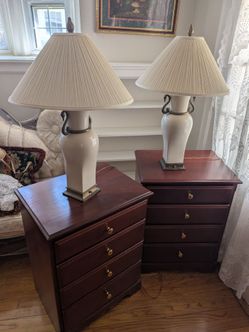 2 Nightstands (cherry finish, custom made, real wood) + 2 Lamps